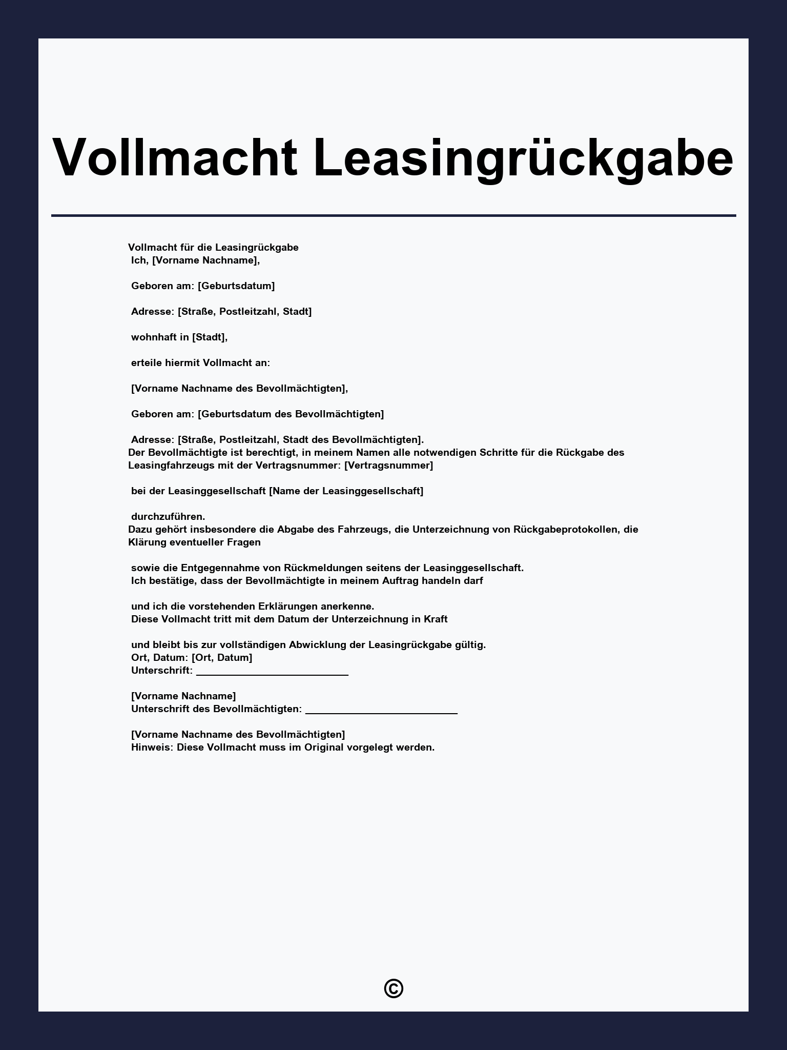 Vollmacht Leasingrückgabe