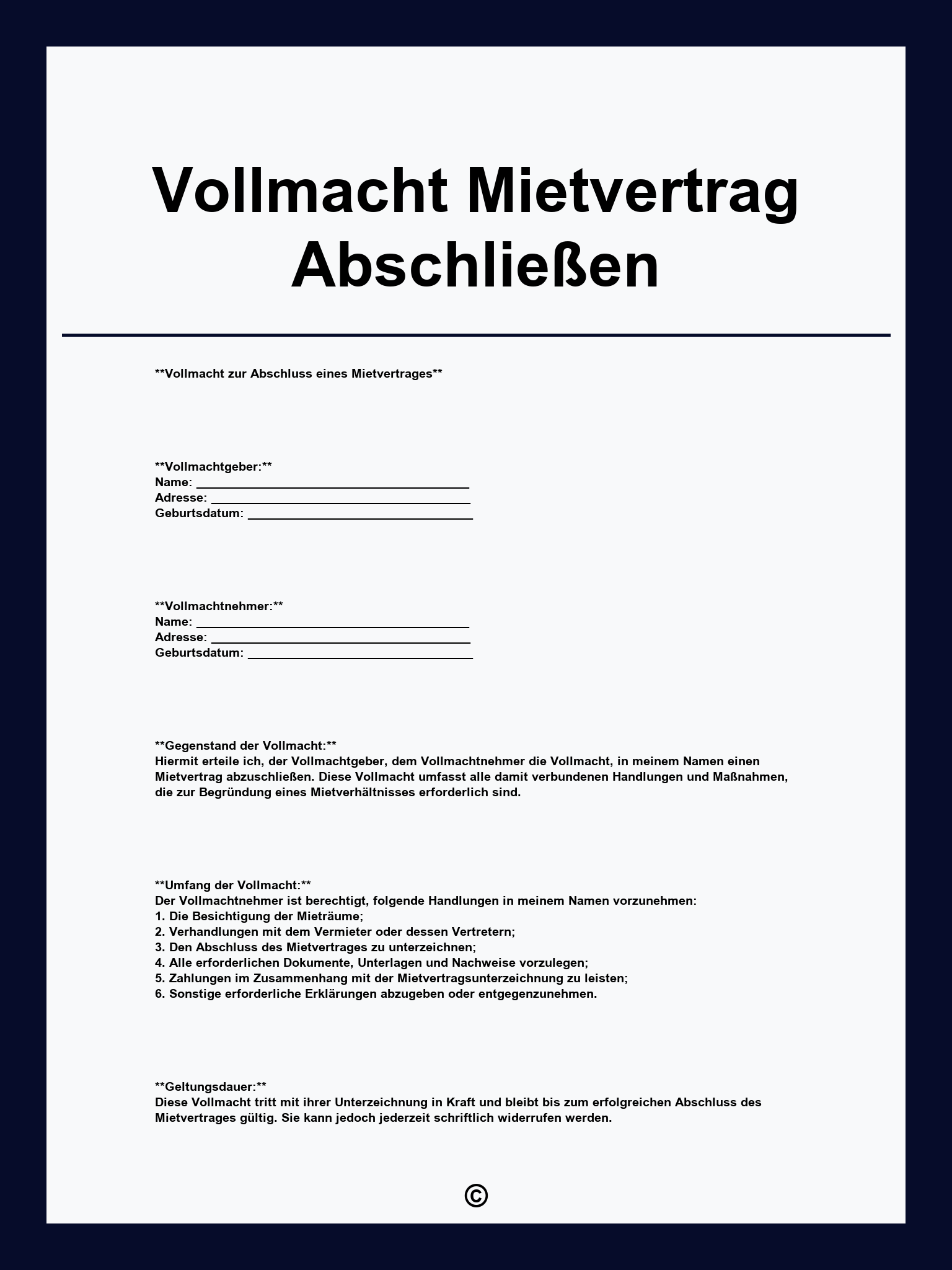 Vollmacht Mietvertrag Abschließen