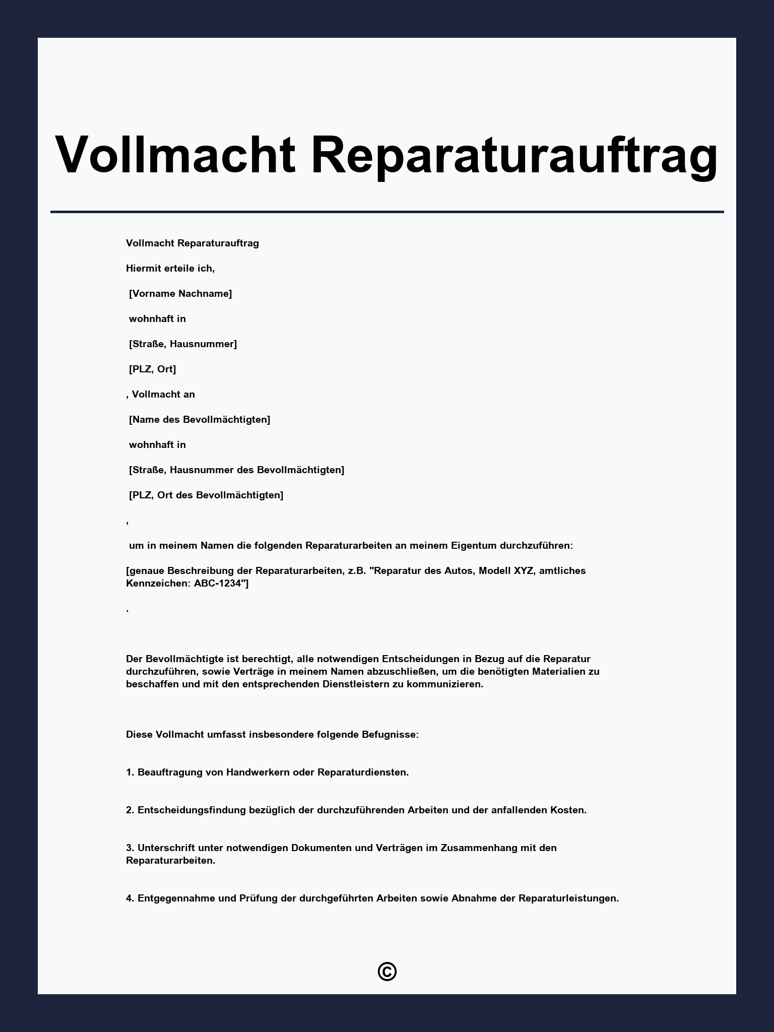 Vollmacht Reparaturauftrag